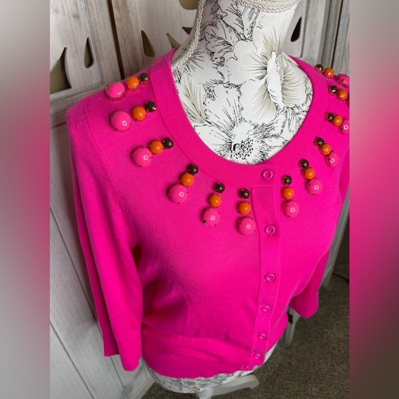 New! Kate Spade Jeweled Neck Long Sleeve Button Cardigan Bright Pink Medium - Picture 2 of 6